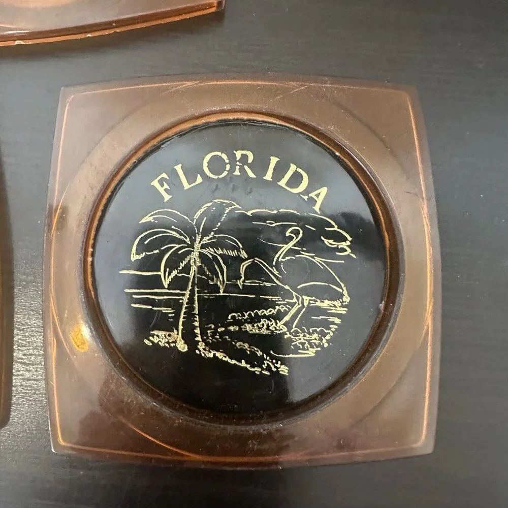 Vintage‎ Amber Plastic Florida Map Souvenir Coasters Made in Hong Kong